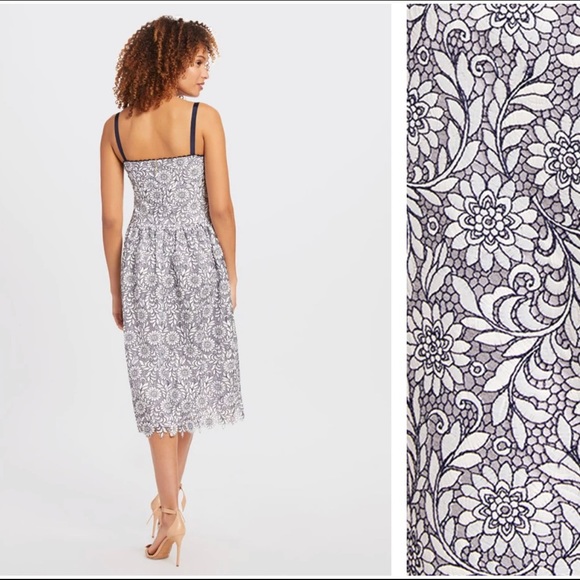 Draper James Navy Blue White Floral Lace Spaghetti Strap Tea Length Dress - Picture 2 of 7